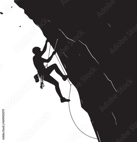 Rock climber scaling steep cliff face reaching for summit