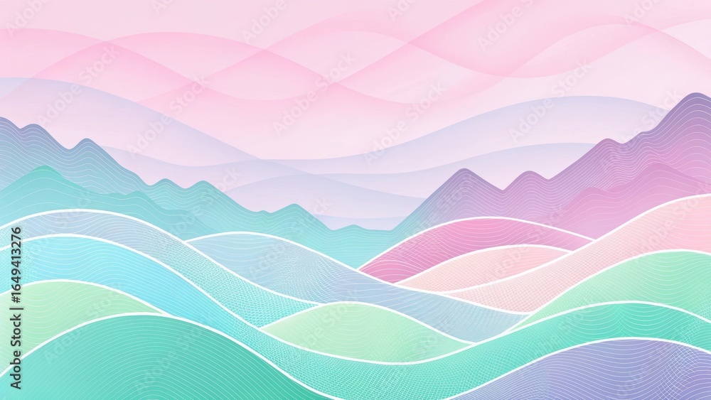 Obraz premium Abstract watercolor landscape with soft pastel mountains and rolling hills in a dreamy ethereal and serene color palette