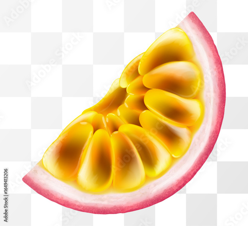 Fresh juicy ripe passion fruit isolated on a transparent background. Slice of passion fruit. Fruit with Seeds. Realistic 3D vector illustration