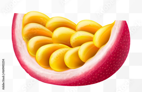 Fresh juicy ripe passion fruit isolated on a transparent background. Slice of passion fruit. Fruit with Seeds. Realistic 3D vector illustration