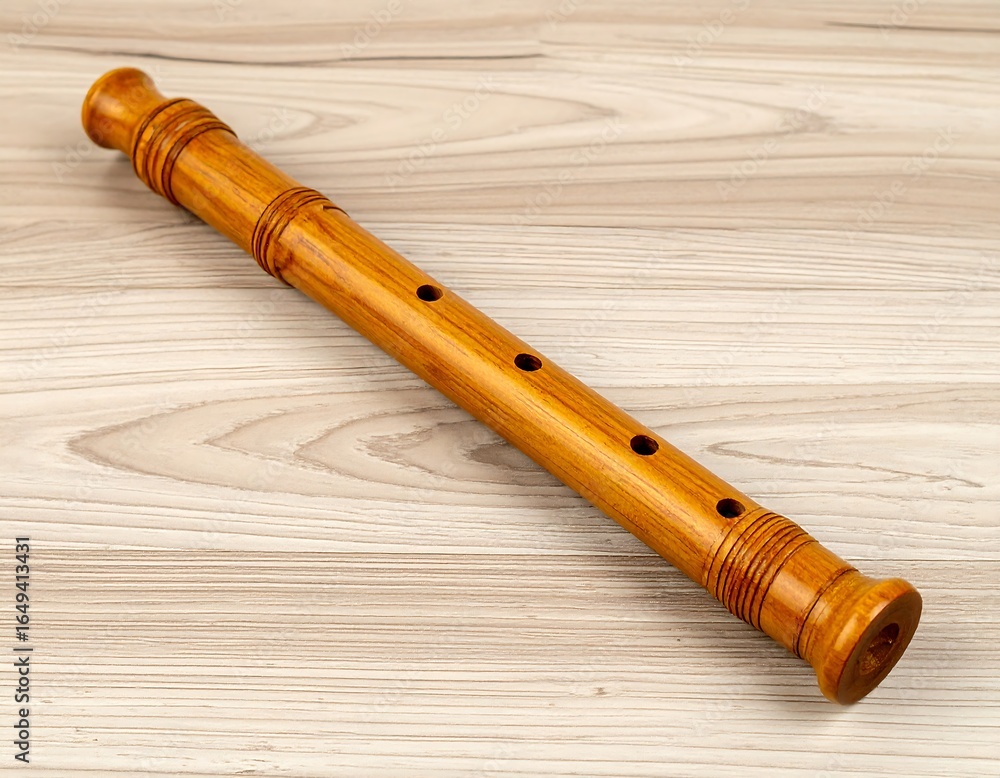Naklejka premium Light brown wooden flute on light wood table