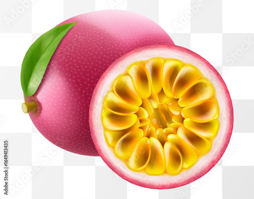 Passion fruit whole fruit and half sliced isolated on transparent background. Ripe purple passion fruit or passiflora edulis for package design. Realistic 3d Vector illustration of tropical fruits.