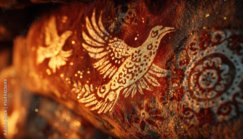 Fototapeta premium Ancient Bird Petroglyphs on Textured Rock Surface with Warm Lighting and Fiery Sparks