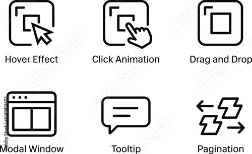 UI UX Elements Icons Set, Interaction, Clicking Animation, Drag Drop, Modal, Tooltip,Pagination