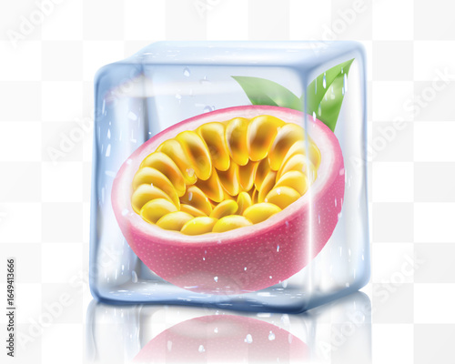 Fresh ripe passion fruit in ice cube isolated on transparent background Frozen tropical juicy passion fruit or passiflora edulis for package design. Realistic 3d Vector illustration of exotic fruits.