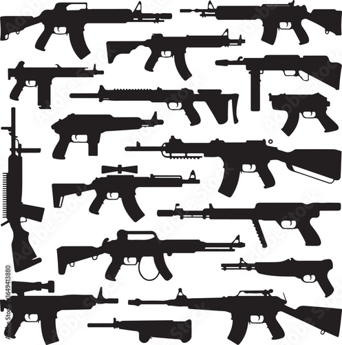 Assortment of rifle and submachine gun silhouettes on white background Keywords: rifle, submachine