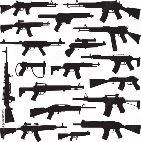 Collection of various rifle and submachine gun silhouettes on white background Keywords: rifle