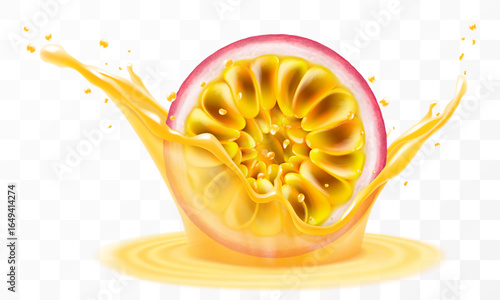 Exotic, tropical passion fruit falls in splash of juice or smoothie, splash of vitamin cocktail with drops, juice splash with ripe purple passion fruit. Realistic 3d vector illustration