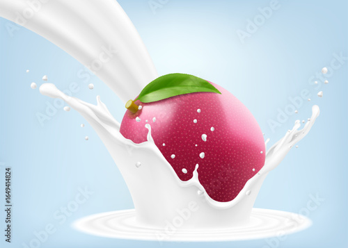 Exotic, tropical passion fruit in splash of yogurt or milk, cocktail splash with drops, Milkshake splash with ripe purple passion fruit. Realistic 3d vector illustration