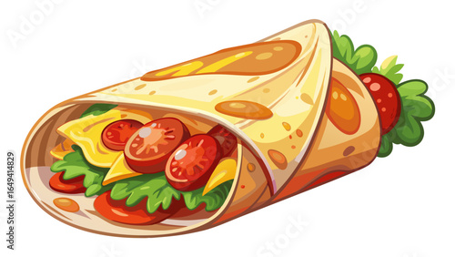 Fluffy scrambled eggs, melted cheese, and fresh cherry tomatoes nestle inside delicious breakfast wrap, wrapped in toasted tortilla. Perfect for quick and satisfying bite, ideal for realistic vector i