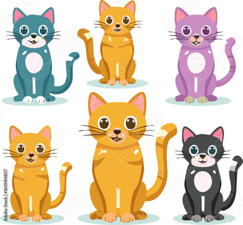 Colorful cartoon kitties with big eyes. Kittens in vibrant, fun colors, poses. Happy and colorful cartoon cat character. Cute illustrated cats in bright colors. Fun, vibrant cartoon cats with big eyes