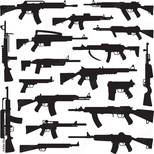 Assortment of handgun and rifle weapon silhouettes on white background pistol firearm