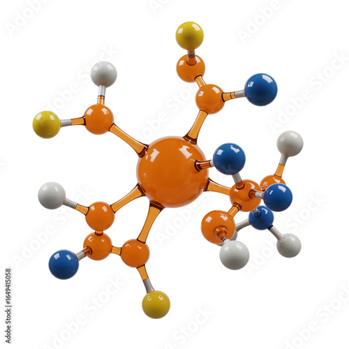 Detailed 3d molecular model of a complex chemical compound with orange blue and white spheres representing atoms isolated on transparent background