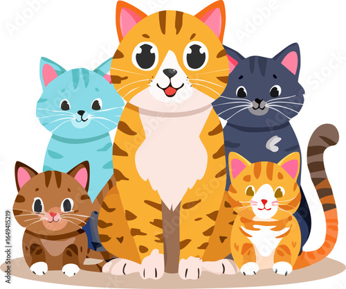Cute cartoon cats family illustration. Happy colorful cats digital artwork. Adorable cats sitting together. Funny cartoon cats in a group. Five playful cats vector art design
