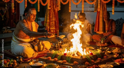 Hindu Priest Conducting Sacred Fire Ceremony Outdoors Under Soft Evening Light