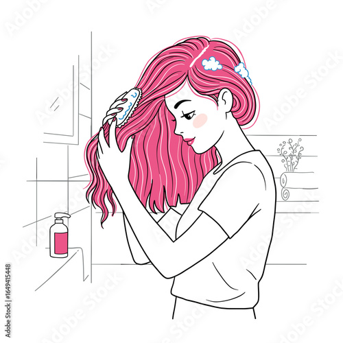 A young woman applies hair care product to her pink hair while standing in the bathroom