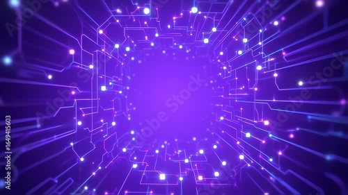 Abstract Technology Tunnel with Glowing Circuit Board Lines and Data Flow Effect