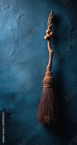 Rustic broom hangs on dark blue wall