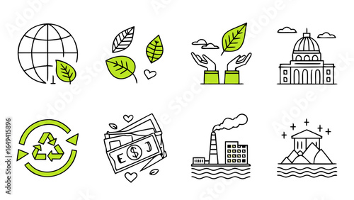 Lime Green Sustainability Icons – Minimalist Environmental Vector Set for Eco-Friendly and Green Initiatives