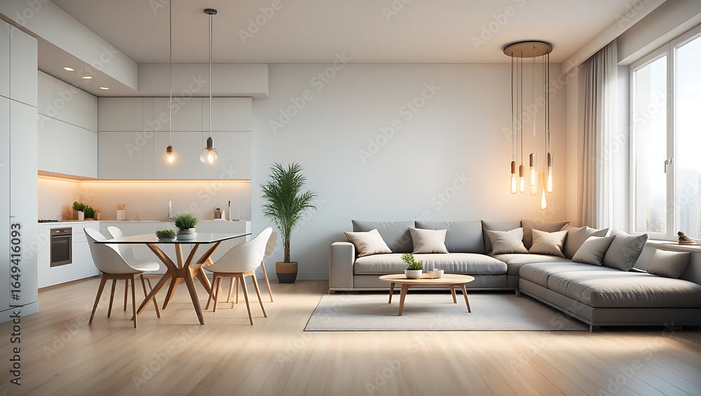 Fototapeta premium Modern Open Plan Apartment Living Room Kitchen Design Neutral Colors