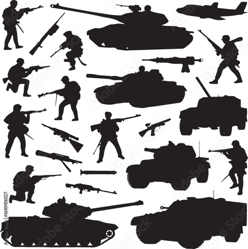 Silhouette collection of soldiers tanks and military vehicles on white background army battle