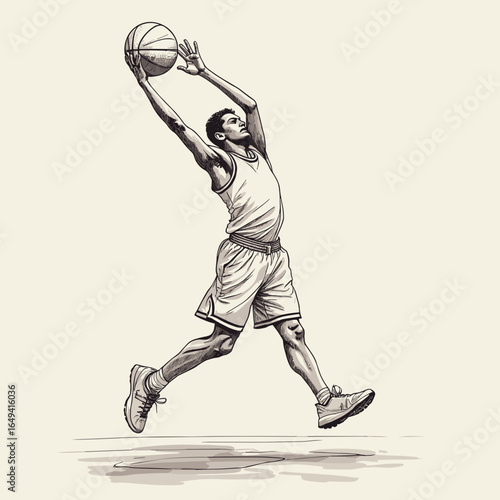 Young man performing a basketball jump shot in athletic uniform  