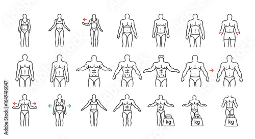 Male and female body shape icon set. Thin line editable stroke icons for body types, fitness, weight, anatomy. Outline illustrations for fitness progress, weight loss, physique transformation
