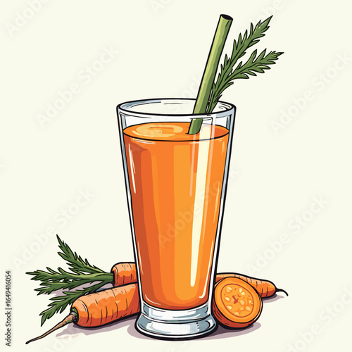 Carrot juice in glass with carrots and parsley on light background  