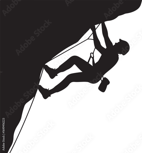 Climber scaling steep rock face with determination and focus