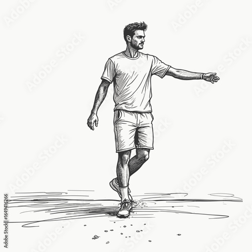 Man walking and gesturing in a minimal sketch style  
