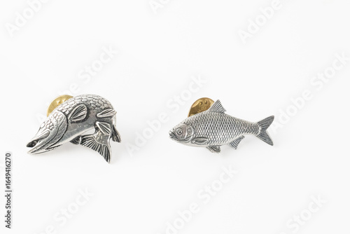 Pewter pin lapel badges Northern Pike and european Roach