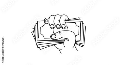 Hand grabbing stack of paper cash. Vector thin line icon
