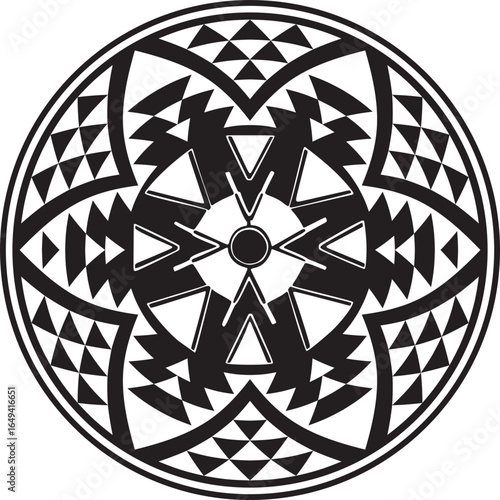 Native American vector round monochrome pattern. Geometric shapes in a circle. National ornament of the peoples of America, Maya, Aztecs, Incas.

