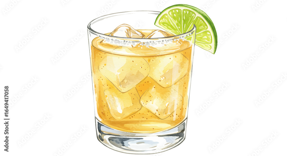 Tommy's Margarita cocktail ,lime wedge , ice , in short glasses. Watercolor illustration, Classic tequila drink concept Tommy's Margarita cocktail ,lime wedge , ice , in short glasses. Watercolor illustration, Classic tequila drink concept