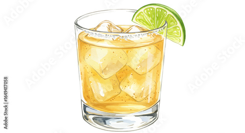 Tommy's Margarita cocktail ,lime wedge , ice , in short glasses. Watercolor illustration, Classic tequila drink concept