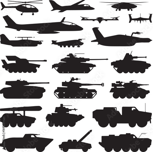 Collection of military vehicles including tanks helicopters and aircraft silhouettes airplane