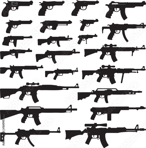 Collection of various handgun and rifle weapon silhouettes on white background pistol firearm