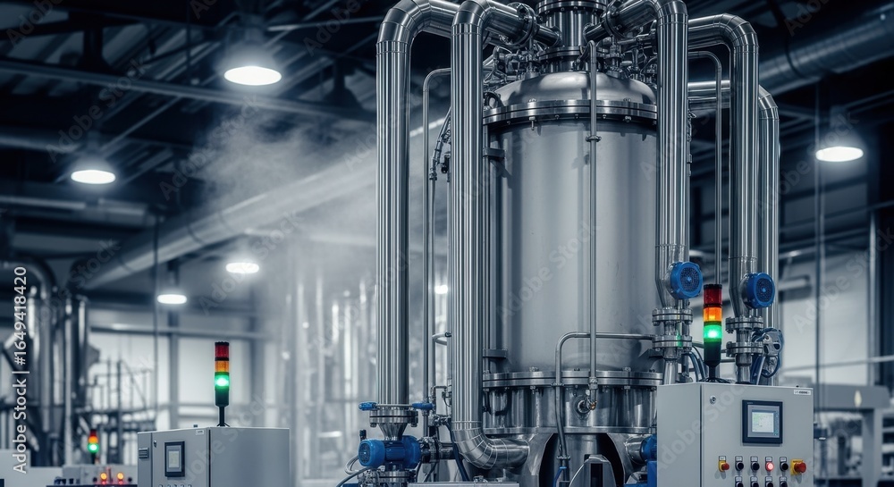 Fototapeta premium Inside a modern insectprotein powder plant a tall spraydrying tower with metallic pipes and valves efficiently drying liquid protein extract.
