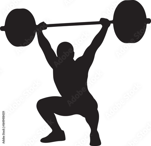 Silhouette of a weightlifter performing a squat with a barbell overhead weightlifting athlete