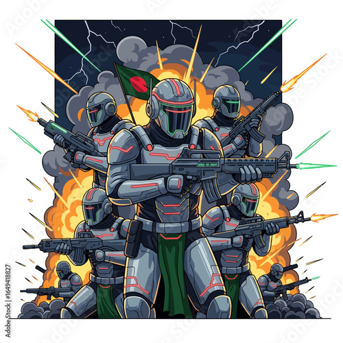 A group of armed Bangladeshi freedom fighters in futuristic armor with the flag, in a dynamic illustration