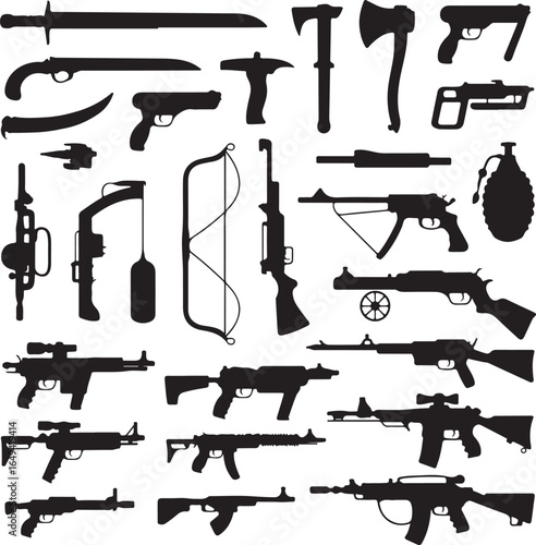 Assortment of Weapon Silhouettes Including Swords Guns Bow and Grenade knife dagger