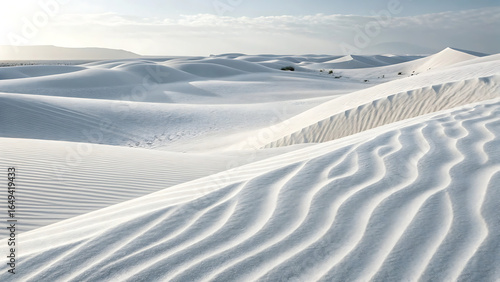 Expansive white sand dunes with rippling patterns under a soft sky