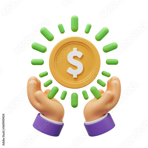 3d rendering of open hands reaching upwards towards a glowing golden coin with a dollar sign isolated on transparent background