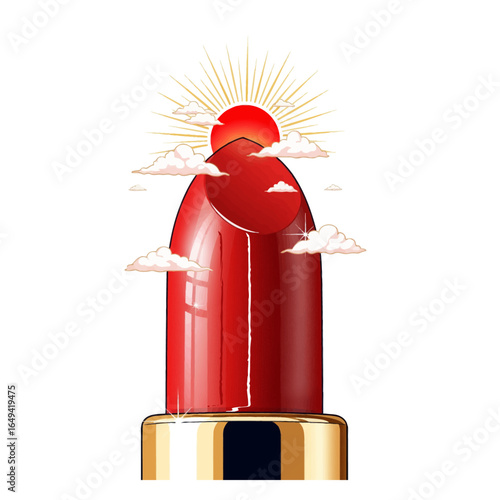 A creative illustration of a sunrise over a red lipstick, with clouds, representing beauty and new beginnings