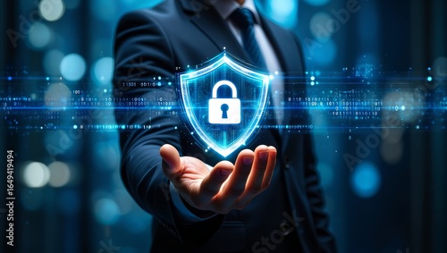 Secure data protection cybersecurity concept businessman holding shield padlock icon