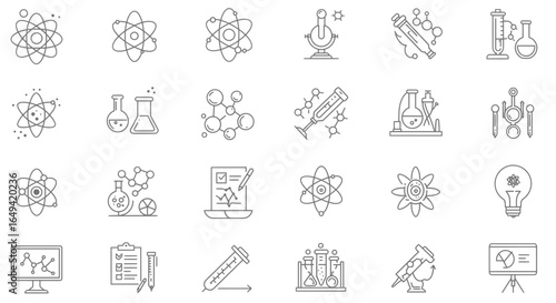 
Science icons set – thin line, editable stroke vectors for physics, chemistry, biology research, sciences and laboratory education