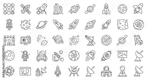 Astronomy and space exploration icon set. Thin line editable stroke icons for astrophysics, planets, rockets, astronauts, solar system, satellites, galaxies and outer space observation science
