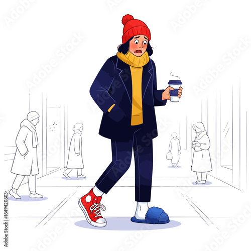 Awkward person with different shoes on, walking and holding a coffee cup, in a humorous illustration