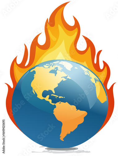 Vector illustration of planet Earth on fire, symbolizing global warming, climate change, and environmental crisis. Detailed and colorful design suitable for education, campaign posters, and sustainabi