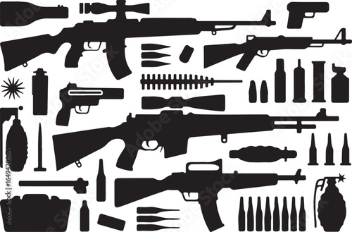 Assorted Silhouetted Firearms, Grenades, and Ammunition on White Background rifle shotgun